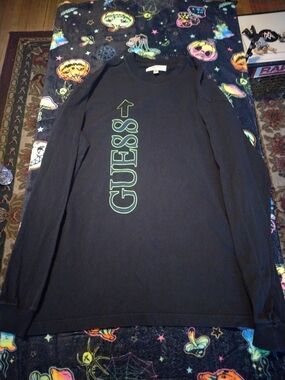 Vintage Guess Black Long Sleeve Tee with Neon Green Vertical Logo